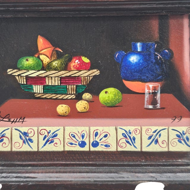 Mexican Miniature Mexican Still Life — Signed Lehm, Xochimilco, 1999 — Oil on Board in Rustic Frame For Sale - Image 3 of 8