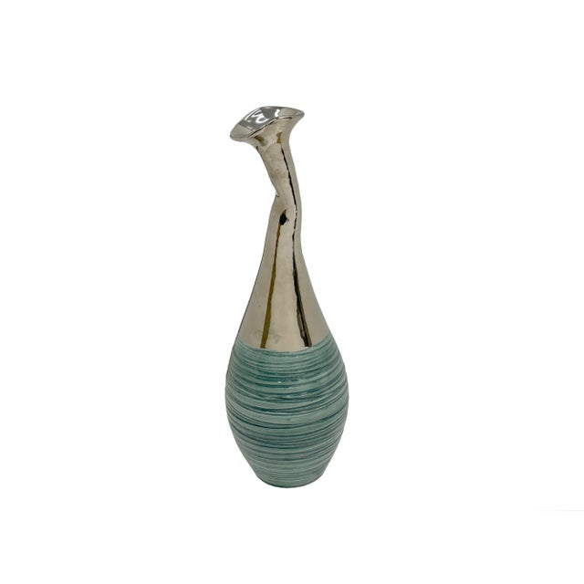 Teal Green Metallic Silver Glaze Narrow Neck Ceramic Art Vase For Sale In San Francisco - Image 6 of 11