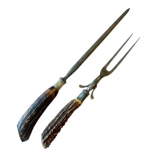 Antique Sterling Silver Mounted Stag Horn Carving Set, Meat Fork and Sharpening Steel For Sale