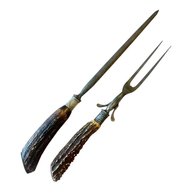 Antique Sterling Silver Mounted Stag Horn Carving Set, Meat Fork and Sharpening Steel For Sale