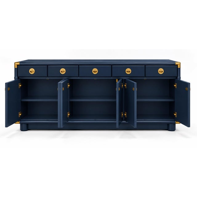 Professionally Refinished 1970s Drexel Accolade Campaign Buffet / Sideboard — Custom Navy Blue For Sale In Seattle - Image 6 of 11