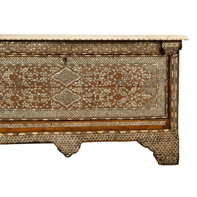 Antique Arabic Walnut Inlaid Mother-of-Pearl Dowry Marriage Chest Damascus 1860 For Sale - Image 11 of 17