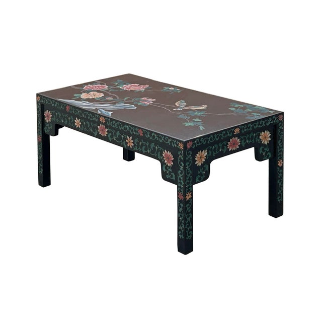 1970s Chinese Black Lacquer Flower Birds Graphic Rectangular Low Coffee Table For Sale - Image 4 of 13