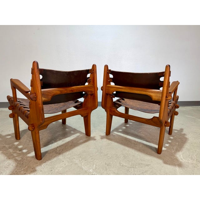 1960s 1960s Set of 2 Mid Century Angel Pazmino Hand Tooled Leather Sling Safari Chairs For Sale - Image 5 of 12