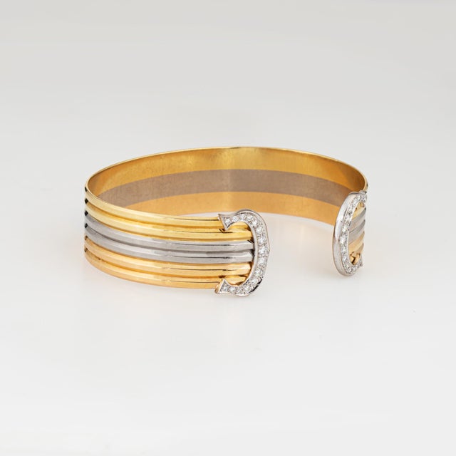 Modern Circa 1980s Cartier Double C Diamond Bracelet 18k Tri Gold Cuff Vintage Fine Jewelry For Sale - Image 3 of 5