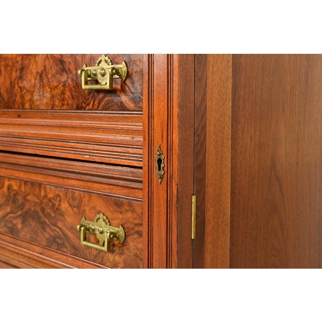 Herter Brothers Style Antique Eastlake Victorian Carved Walnut and Burl Wood Highboy Dresser, Circa 1880s For Sale - Image 12 of 17