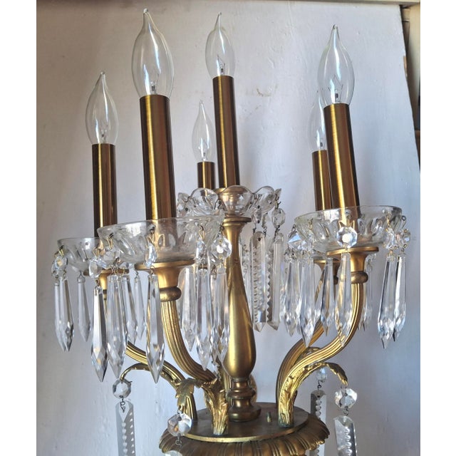 Monumental Hollywood Regency 43" French Style 17-Light Crystal Girandole Wall Sconces Gilt Brass a - Pair For Sale In Miami - Image 6 of 18