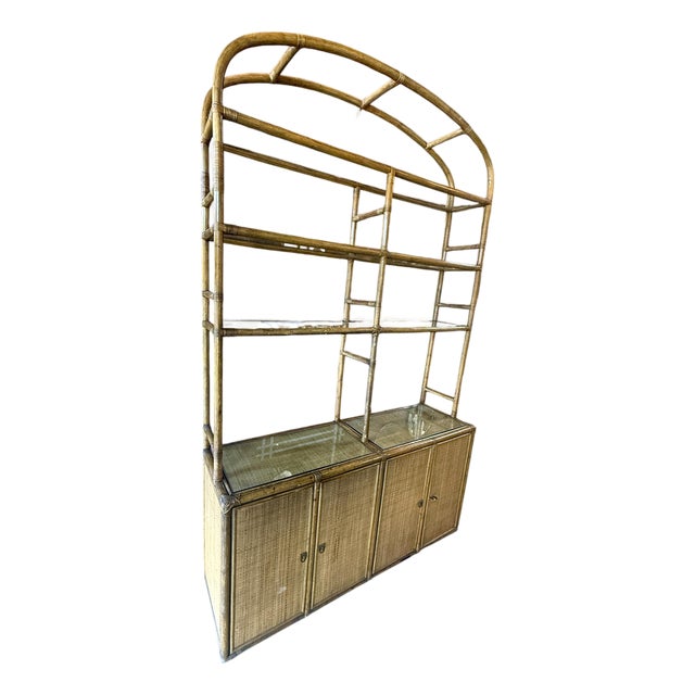 Vintage Coastal Rattan Etagere Cabinet With Glass Shelves For Sale