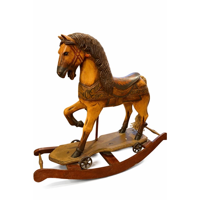 Antique Hand-Carved Wooden Rocking Horse with Original Paint, 1890s, in Very Good conditions. Designed 1890 to 1919