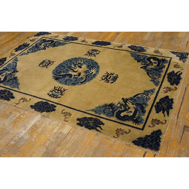 Textile 1930s Beige Field Traditional Dragon Antique Chinese Baotou Small Rug For Sale - Image 7 of 9