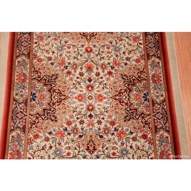 Nazmiyal Collection 1950s Fine Silk Pile Floral Vintage Persian Qum Short Runner Rug For Sale - Image 4 of 8