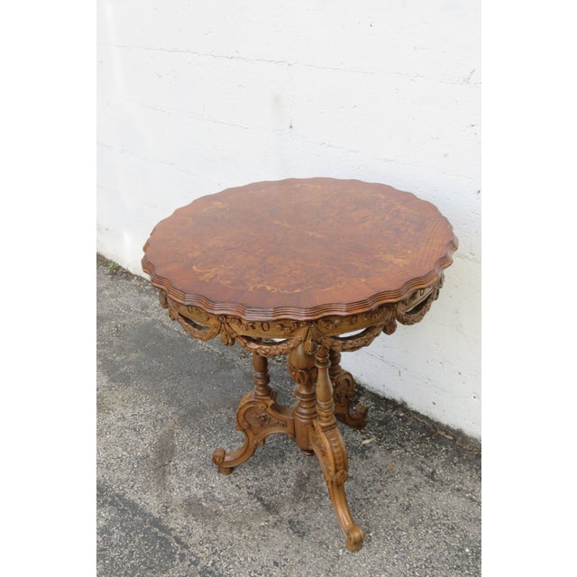 Side TableEarly 1900s French Inlay Carved Burlwood Side End Center Table 6226 For Sale - Image 9 of 13