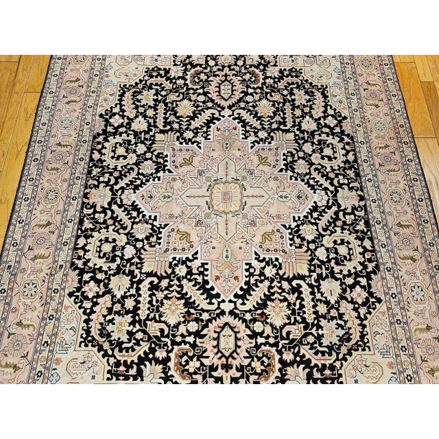 Vintage Persian Tabriz Heriz Rug, Geometric Pattern, Hand-Knotted Wool, Black & Ivory, 7’ X 10’ For Sale - Image 11 of 12
