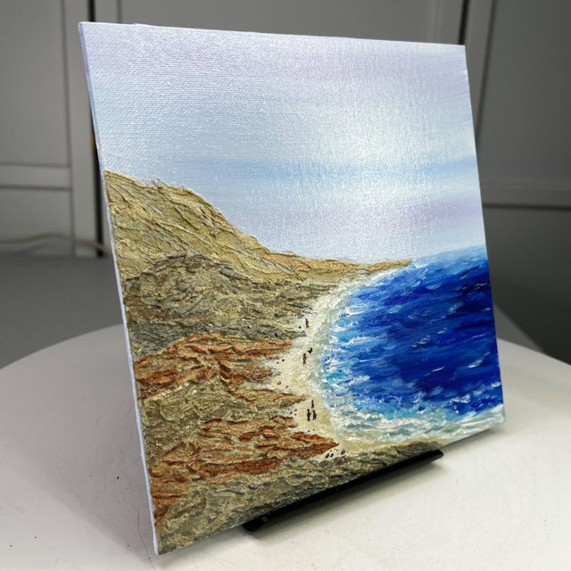 Contemporary Evening Stroll Beach Scene Wall Art 8" X 8" Acrylic Painting Original Unframed For Sale - Image 3 of 7