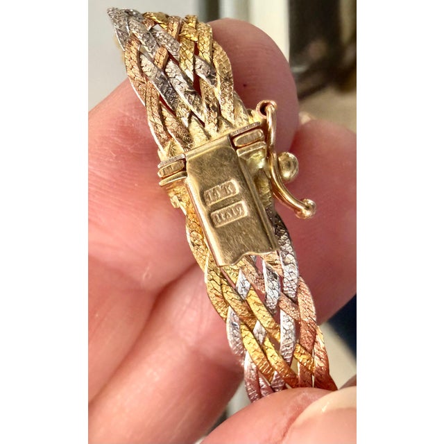 14k Yellow, White, and Rose Gold Woven Necklace Vintage For Sale - Image 10 of 11