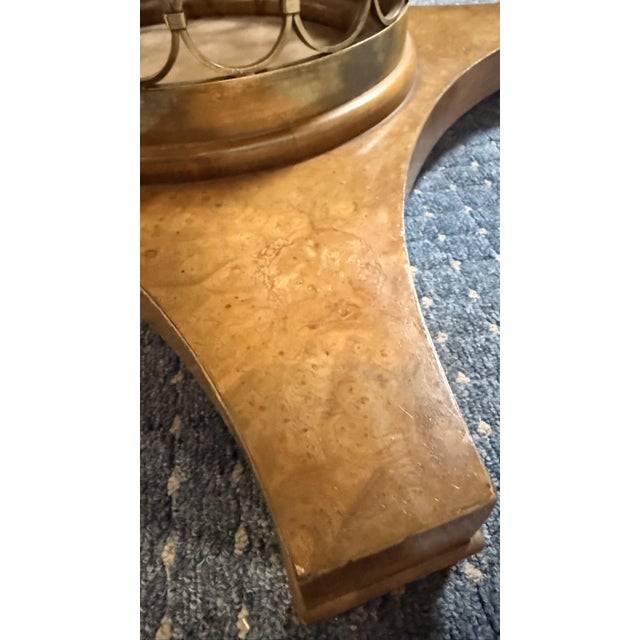 Brown 1960s Mastercraft Burl Wood Expandable Round Dining Table With Brass Pedestal Base and Three Leaves For Sale - Image 8 of 12