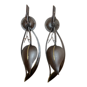 Contemporary Pair of Handmade Italian Bronze Patinated Cast Iron Leaf Wall Sconce Fixtures