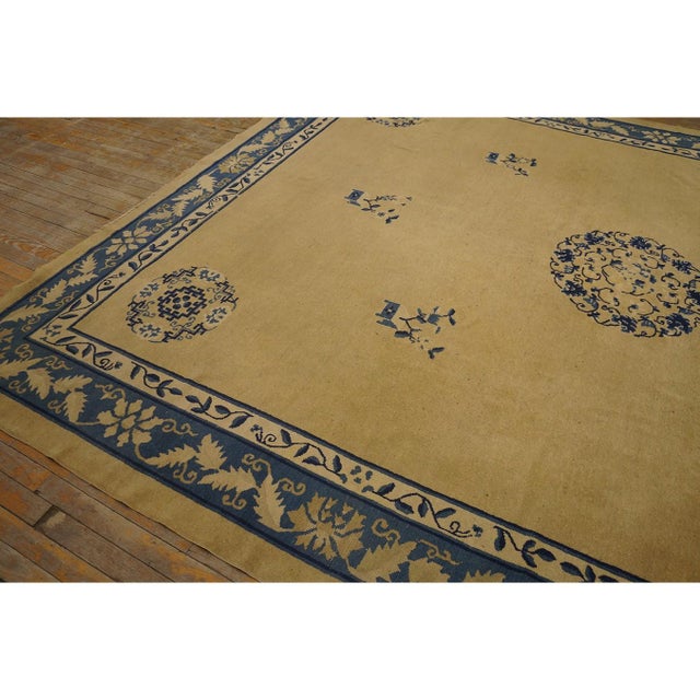 Beige 1920s Beige Field Medallion Deco Antique Chinese Peking Room Size Knotted Rug For Sale - Image 8 of 10