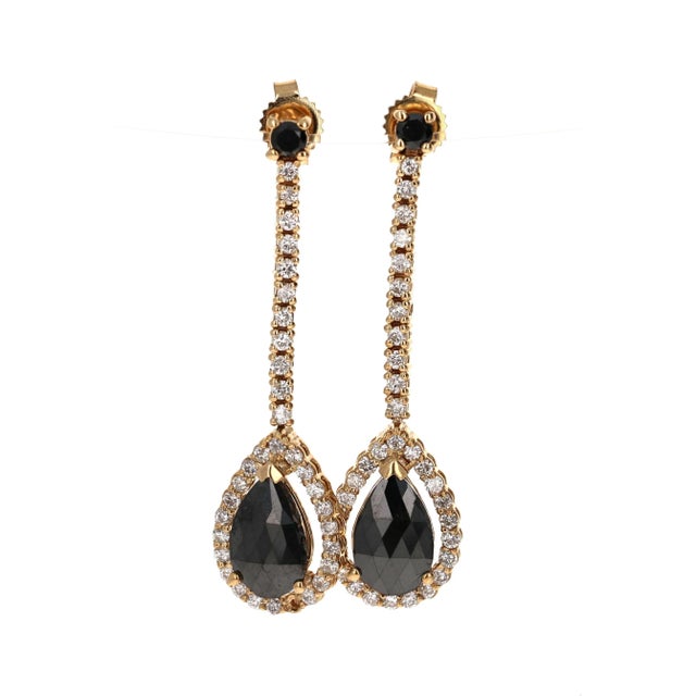 Contemporary 2.23 Carat Black and White Diamond Yellow Gold Drop Earrings, A Pair For Sale - Image 3 of 8