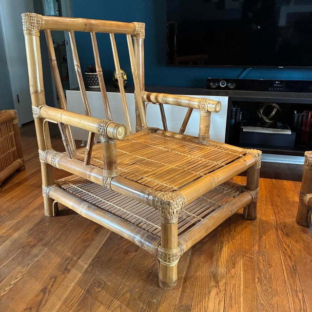 Vintage Pair of Coastal Elephant Bamboo Rattan Chairs For Sale - Image 9 of 10