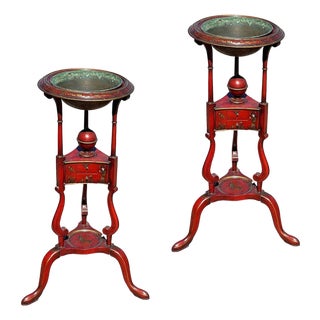 1950s Hollywood Regency Red Mahogany Georgian Wig Plant Stand W/ Drawers Dish, Pair For Sale