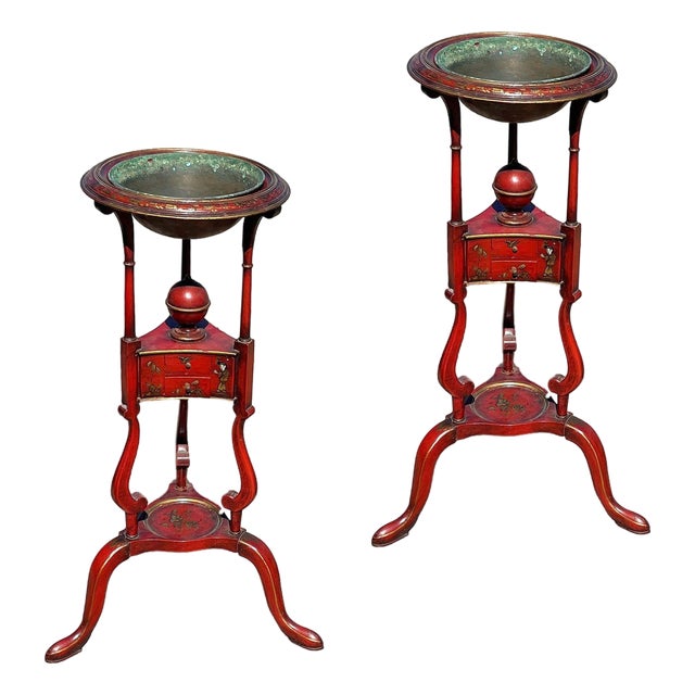 1950s Hollywood Regency Red Mahogany Georgian Wig Plant Stand W/ Drawers Dish, Pair For Sale