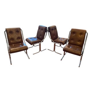 Vintage 1970s 70s Cantilever Chrome Leatherette Dining Chairs – Milo Baughman Style Studio 54 Set of 4 For Sale
