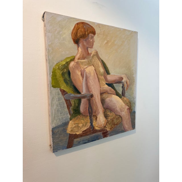 Beautiful mid-century figurative oil painting depicting red-haired woman seated in sculptural wooden armchair with richly...
