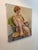 Beautiful mid-century figurative oil painting depicting red-haired woman seated in sculptural wooden armchair with richly...