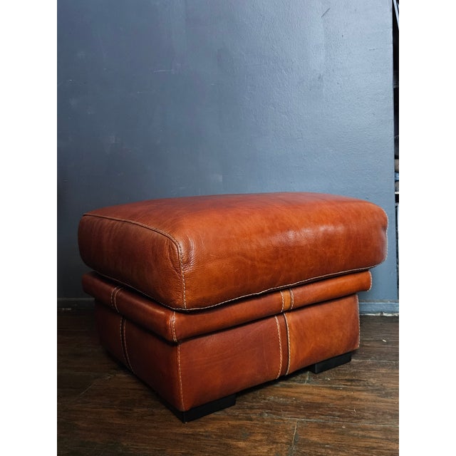 1980s Vintage French Cognac Leather Cushion Ottoman by Roche Bobois For Sale - Image 4 of 8