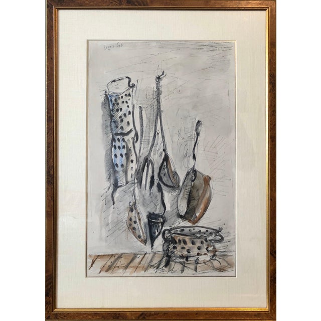Yosl Bergner, Israeli Yosl Bergner Modernist Watercolor Painting Drawing Pots, Pans For Sale In Miami - Image 6 of 10