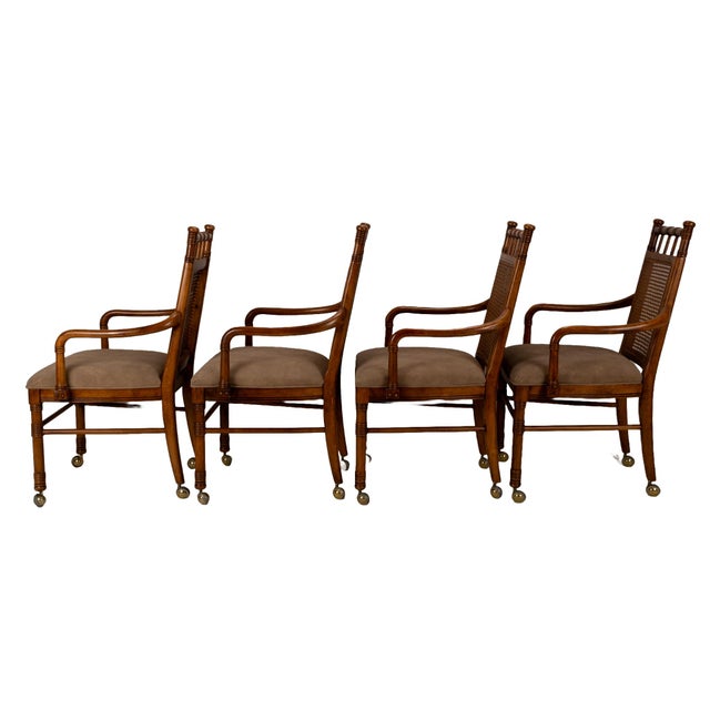 Brown 1970s Vintage Stanley Furniture Co. Faux Bamboo Cane Back Rolling Arm Chairs - Set of 4 For Sale - Image 8 of 12