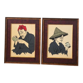 Vintage Asian Figural Textile Art Panels in Wood Frames – Pair For Sale