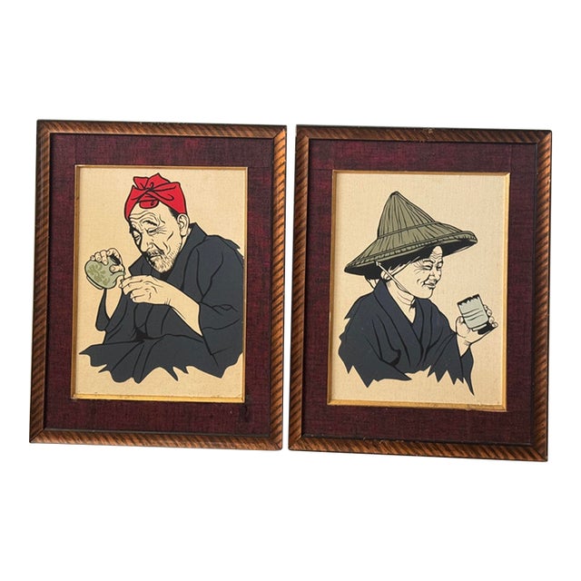 Vintage Asian Figural Textile Art Panels in Wood Frames – Pair For Sale