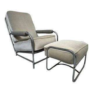 Vintage Mohair Art Deco Arm Chair With Ottoman Style of Style of Donald Deskey For Sale