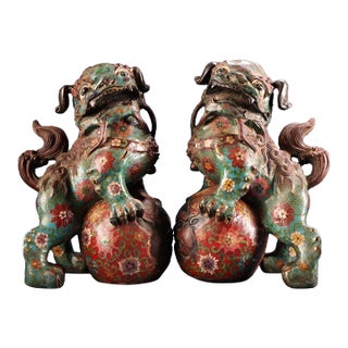 Late 19th Century Pair of Cloisonné Enamel Guardian Lion Joss Stick Holders, 14000g Total For Sale