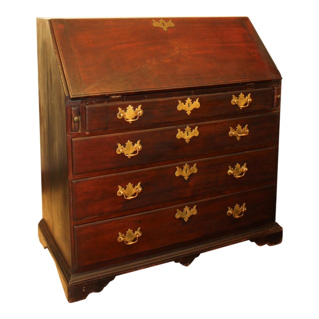 Antique Solid Mahogany Secretary Desk With Brass Hardware, Signed Plymouth Ma (Massachusetts) For Sale