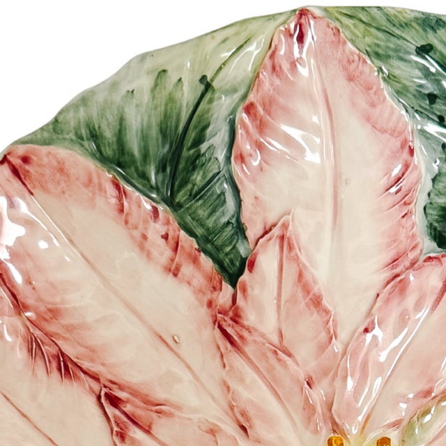 1990s Large Italian Pink Poinsettia Faience Charger For Sale - Image 4 of 6
