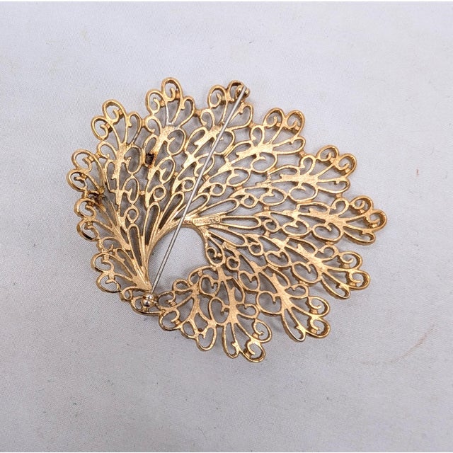 Metal Vintage 1966 Signed Monet Goldtone Filigree Brooch For Sale - Image 7 of 7