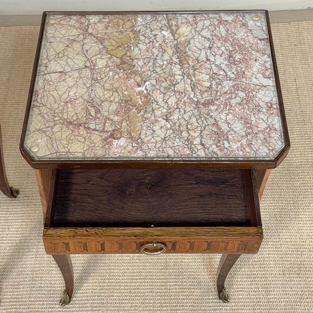 Pair of French Marble Top Marquetry Side Tables ~ Nightstands For Sale - Image 17 of 18