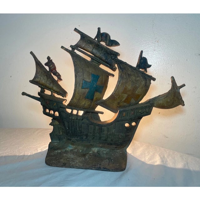 Figurative Antique Cold Painted Cast Iron Ship Sail Boat Nautical Table Boudoir Lamp Light For Sale - Image 3 of 10