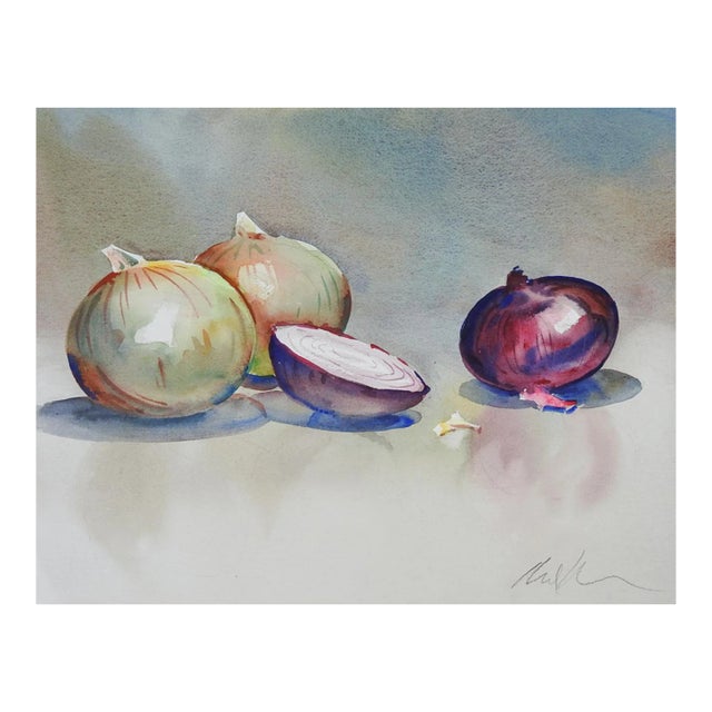 Contemporary Onion Still Life Watercolor Painting For Sale