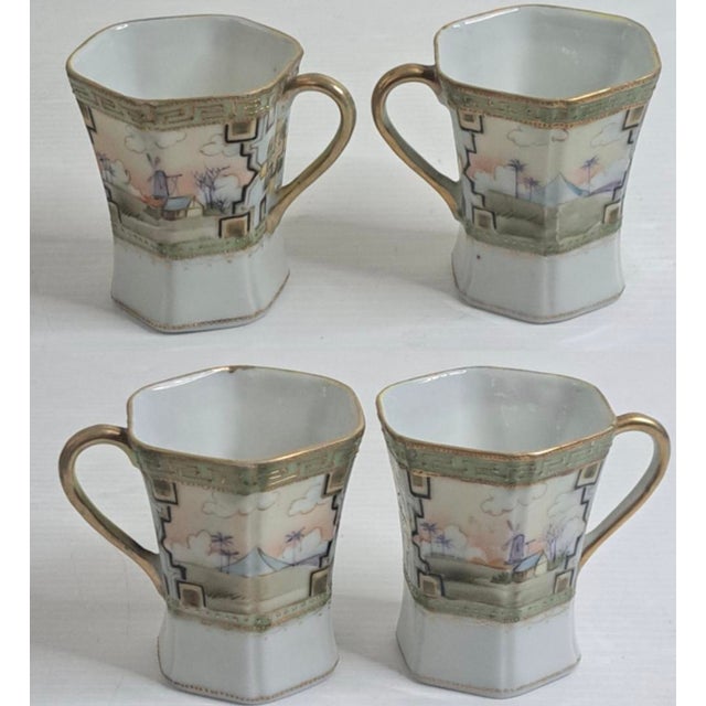 Metal Antique Imperial Nippon Hand-Painted Chocolate Pot Set, 11 Pieces, Scenic Design, Gold Trim, Japan For Sale - Image 7 of 12