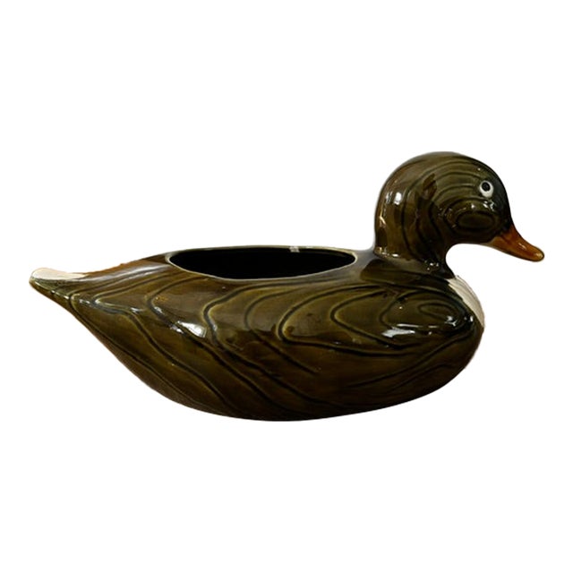 Vintage Green Glazed Ceramic Duck Planter Made in Portugal for f.t.d.A For Sale