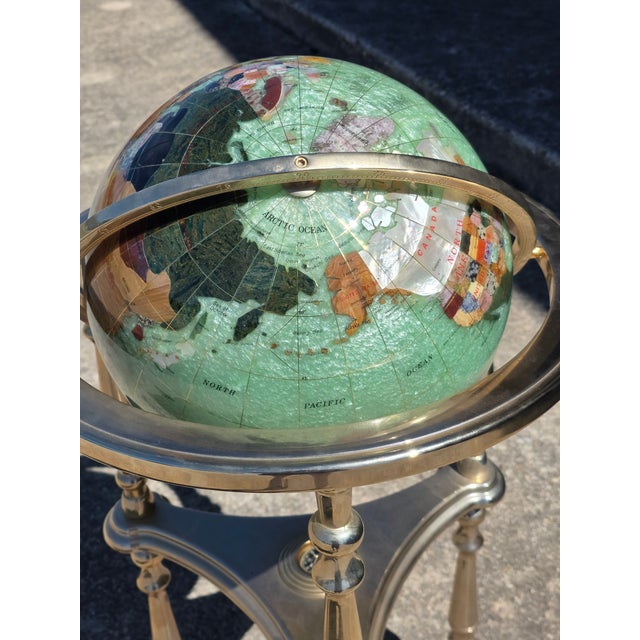 Gemstone Globe on Brass Stand With Compas in Base. For Sale - Image 13 of 14