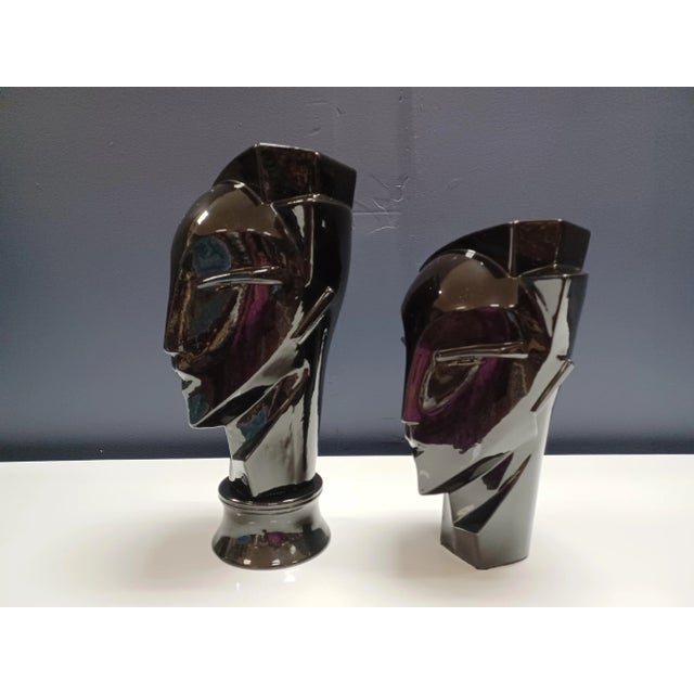 1980s ceramic glazed set of Art deco heads. These 2 head figures are iconic 80s retro.