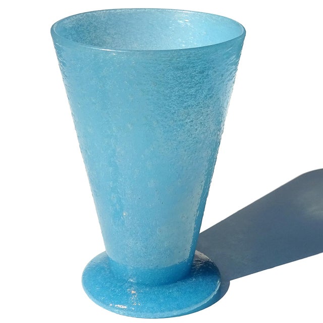 AVeM Italy Antique Murano AVeM Label 1930s Blue Iridescent Pulegoso Bubbles Italian Art Deco Glass Decorative Flower Vase For Sale - Image 4 of 11