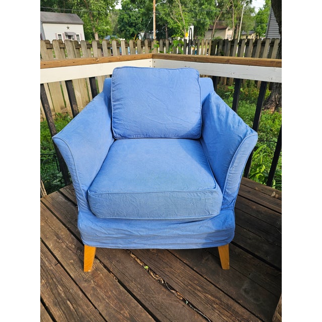 Wood Maine Cottage Blue Slip Cover Lounging Chair For Sale - Image 7 of 8
