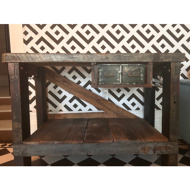 Vintage heavy wood workbench, currently used as a statement piece interior table 2 drawers, lower shelf Appropriate wear,...