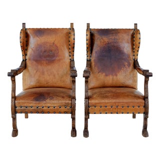 Carved Oak and Leather Armchairs, 1890, Set of 2 For Sale